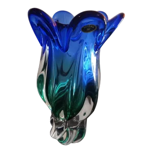 1980s Bohemia Czech Sommerso Green/Blue Art Glass Vase.