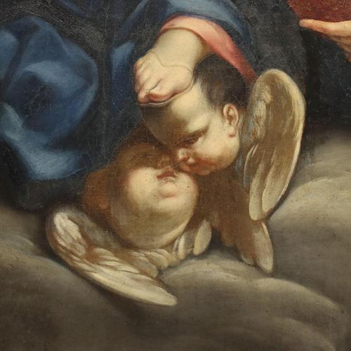 Beige Emilian School, Madonna with Child and Angels, 18th Century, Oil on Canvas For Sale - Image 8 of 15