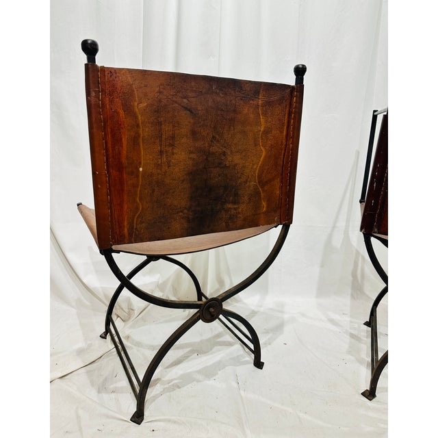 Mid 20th Century Pair of Savonarola-Style Leather & Forged Iron Armchairs For Sale In Raleigh - Image 6 of 6