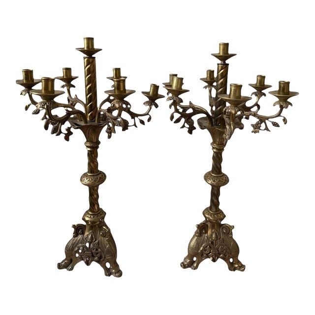 Pair Antique Beaux Arts Bronze Candlesticks. Art Noveau. Semi Nude. Mounts 5 Lights. For Sale