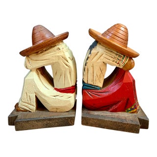 Vintage Mexican Folk Art Carved Wooden Figural Bookends - a Pair For Sale