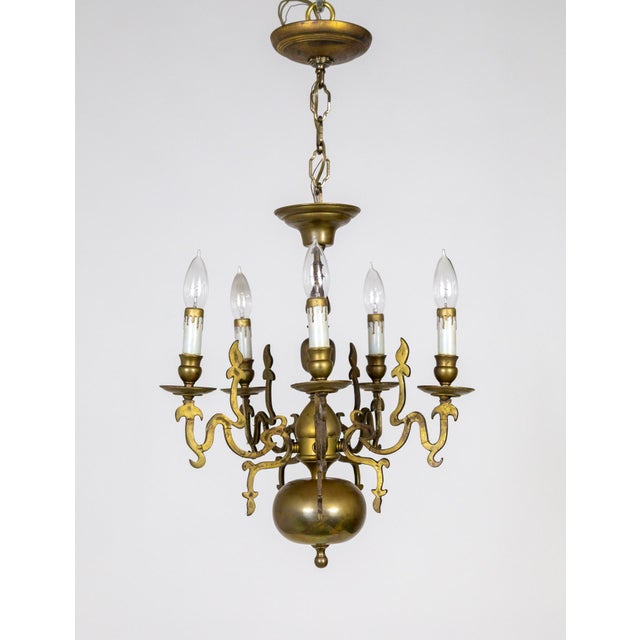 Metal 19th Century Dutch 5-Light Brass Chandelier With Flame Detailing For Sale - Image 7 of 9