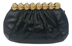 Vintage Judith Leiber Black Lizard Gold Gemstone Top Clutch