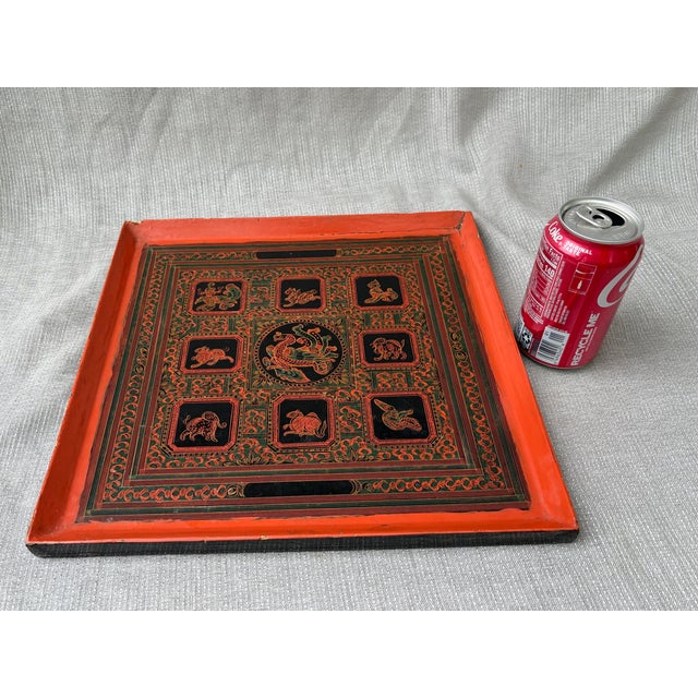 Antique Black Red Burmese Lacquer Zodiac Tray For Sale - Image 12 of 17
