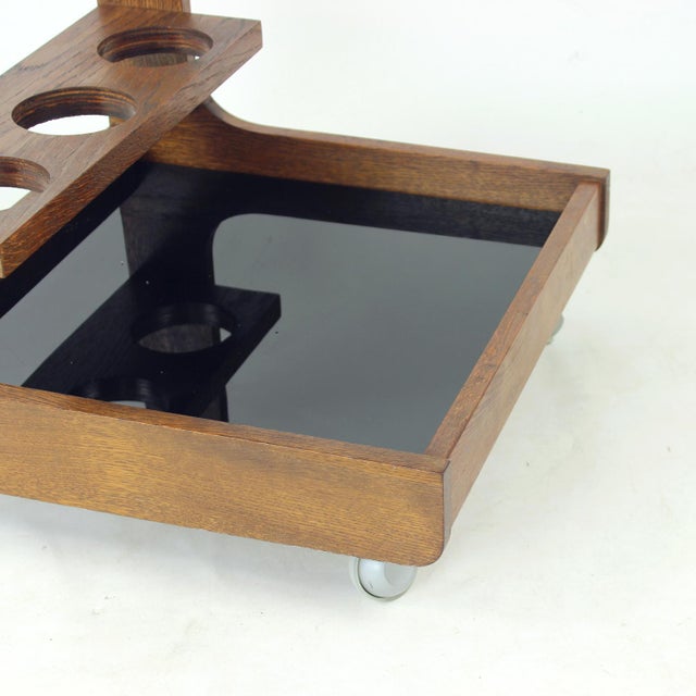 Mid-Century Modern Wooden Bar Cart with Black Opaline Glass Tops, 1960s For Sale - Image 9 of 10