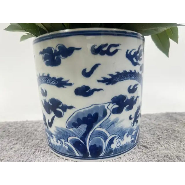 1980s Chinese Qing Dynasty Style Blue & White Dragon Motif Porcelain Planter For Sale - Image 5 of 10
