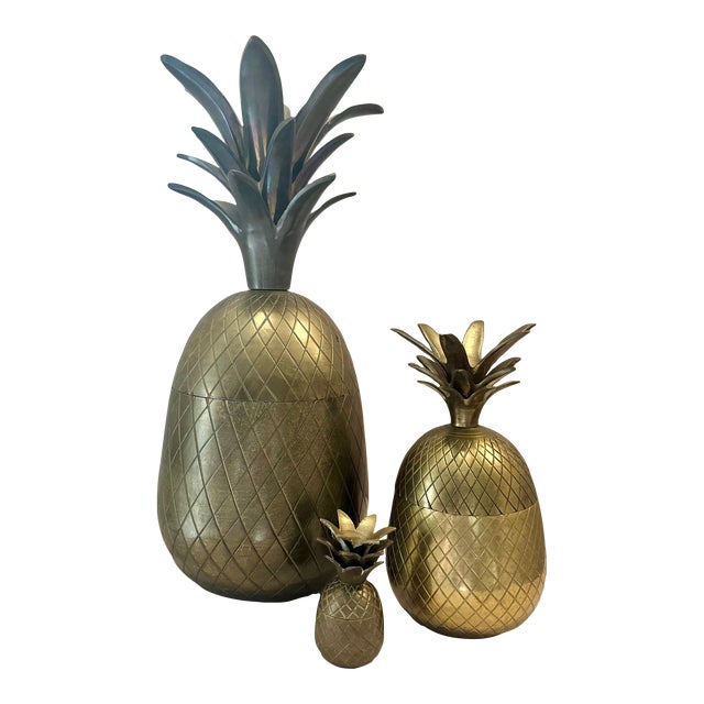 Brass Pineapple Lidded Decorative Boxes, S/3 For Sale