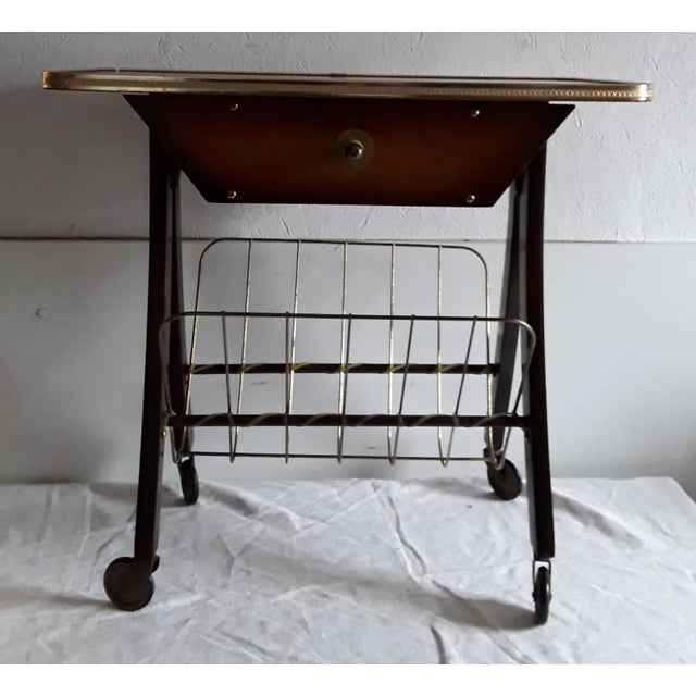 Vintage Coffee Table on Wheels with Magazine Rack and Brown Beech Drawer with Brass Parts, 1960s, in Good conditions....