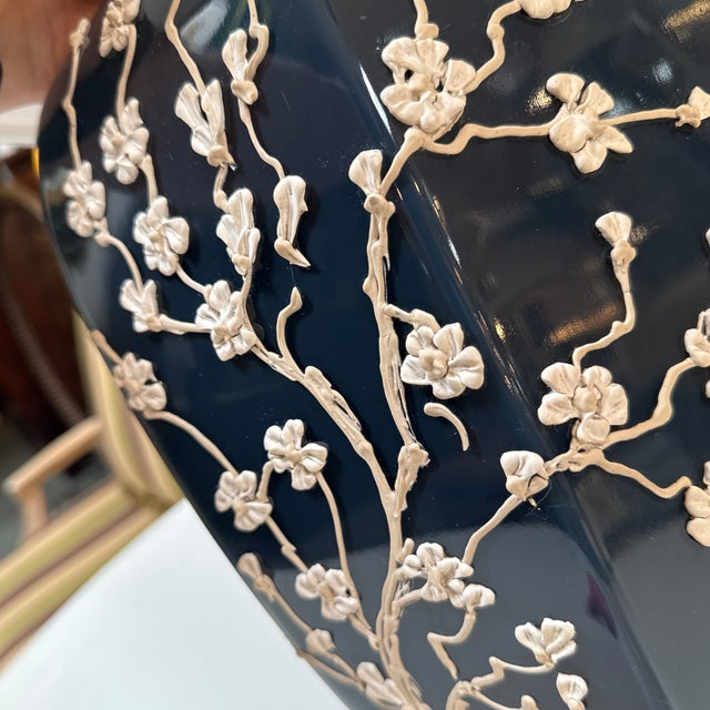 Navy Blue Navy Impasto Table Lamp With Hand Sculpted Floral Relief, Vintage For Sale - Image 8 of 12