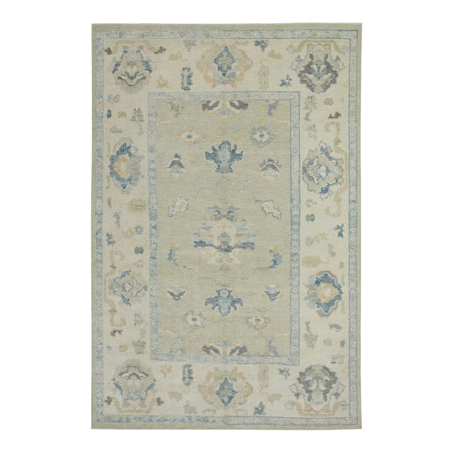 Early 21st Century Green & Blue Floral Design Handwoven Wool Turkish Oushak Rug 5'1" X 6'9" For Sale