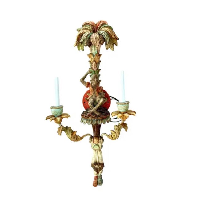 Italian Vintage Italian Carved Wood Monkey Wall Sconces, Hand-Painted - a Pair For Sale - Image 3 of 14