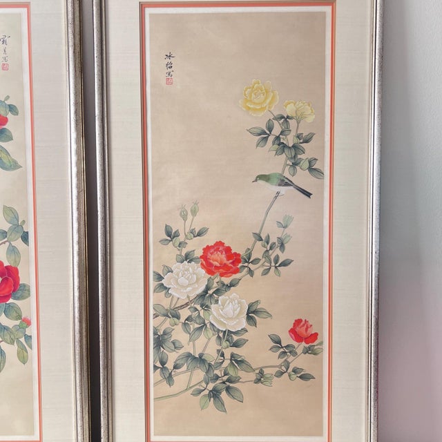 1970s Hand-painted silk panels Chinoiserie birds and flowering branches w/ glare-free glass stamped signed - Set of 2 Framed For Sale - Image 11 of 18