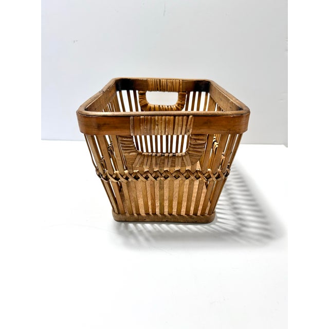 Wood Vintage Woven Wood & Rattan Storage Basket With Handles – Rustic Kitchen, Pantry or Countertop Organizer For Sale - Image 7 of 11