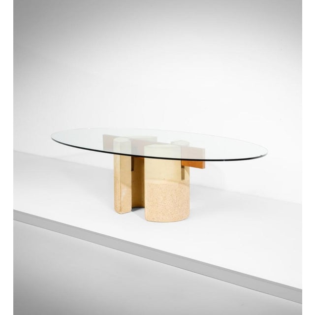 Vintage Dining Table with Oval Glass Top and Wood-Concrete Legs by Giovanni Offredi for Saporiti, 1970s, in Very Good...