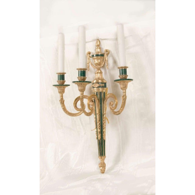 French 20th Century, Louis XVI Style Three-Light Gilded Bronze and Faux Malachite Sconce For Sale - Image 3 of 6