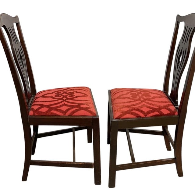 Pair of Traditional Mahogany Finish Dining Chairs W/ Upholstered Seats For Sale - Image 4 of 5