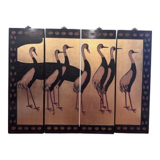 Mid 20th Century Four Paneled Lacquered Screen With Cranes For Sale