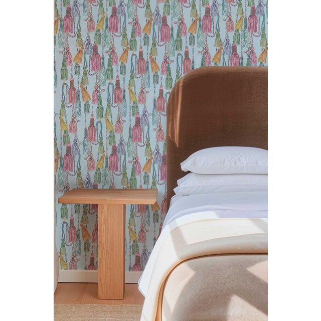 Tassel Trellis Grasscloth Wallpaper by House Party | Silk Ribbon Blue | 8 Yards For Sale In Charlotte - Image 6 of 8