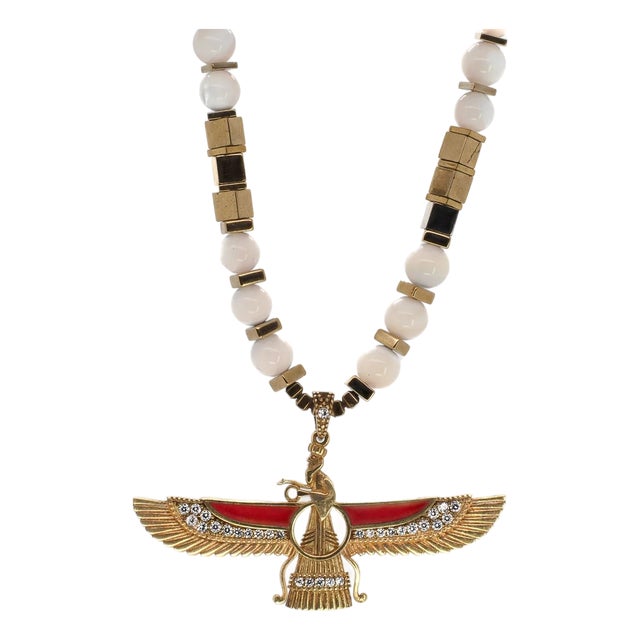 Spiritual Guidance Faravahar Pendant White Beaded Necklace For Sale