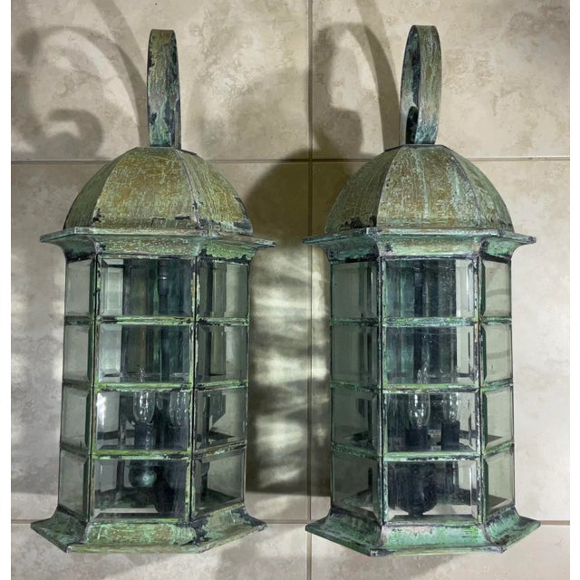 Pair of Large Architectural Brass Wall Lantern For Sale - Image 13 of 13