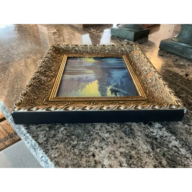 1980s 1980s Beautifully Framed Tree and Water Painting in Blue and Yellow For Sale - Image 5 of 5