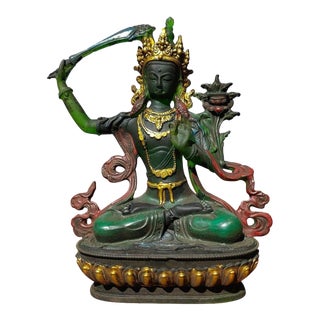 1940s Green Bodhisattva (Tara) Figurine Seated on Lotus Throne — Green & Gold Robes, Red Sashes For Sale