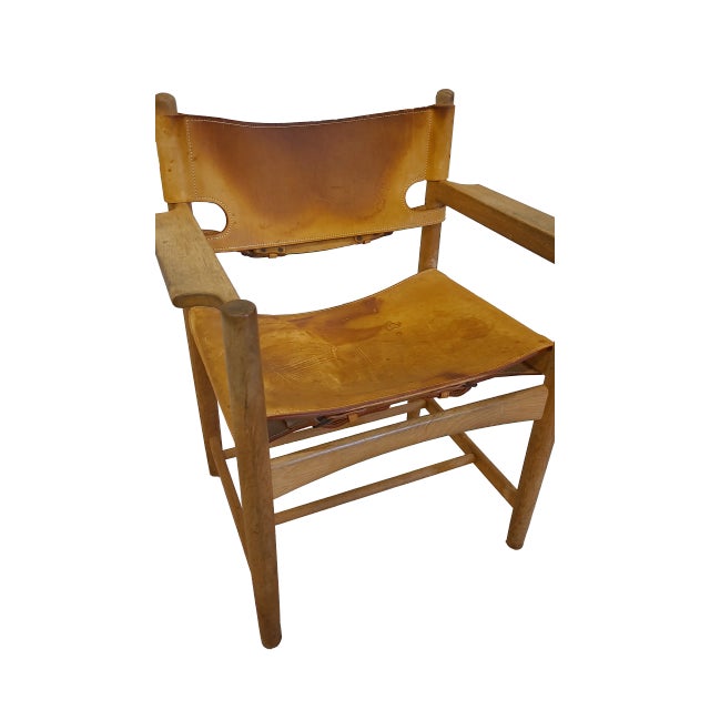 Beautiful leather and oak armchair by Danish furniture master Borge Mogensen ca 1960s. The "spanish" chair. Beautiful wear...
