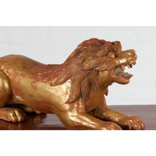 Wood Vintage Thai Gilded and Carved Wooden Mythical Creature with Red Undertone For Sale - Image 7 of 12