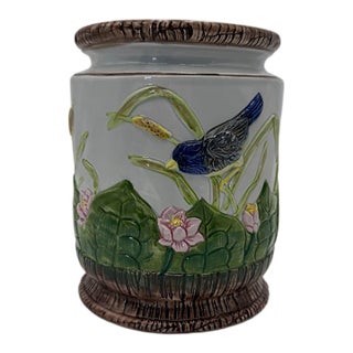 1994 Vintage Seymour Mann Hand-Painted Majolica Bird & Water Lily Ceramic Jar For Sale