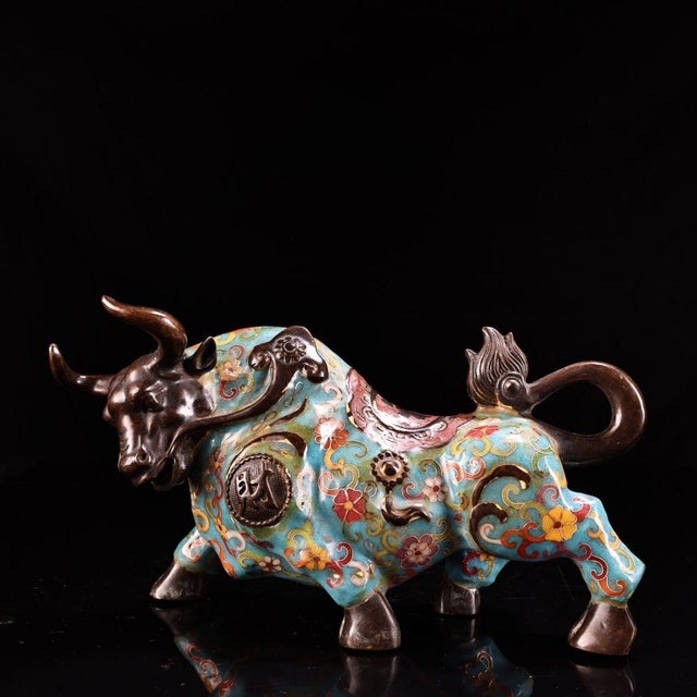 Late 19th Century Late 19th Century Cloisonné Enamel Ox Figure, 2400g, Gilt Bronze For Sale - Image 5 of 12