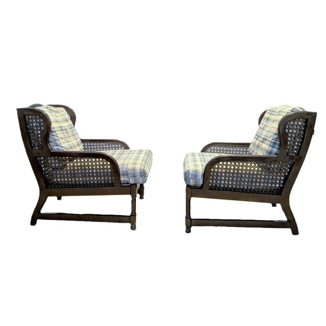 English Pair of Vintage Henredon Low-Profile Cane Wingback Lounge Chairs For Sale - Image 3 of 8