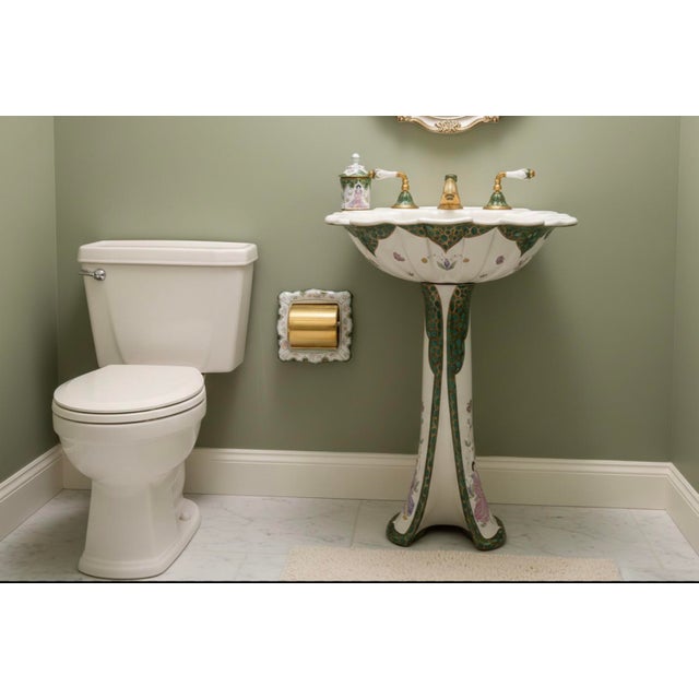 Vintage Sherle Wagner Italian Hand-Painted Chinoiserie 4-Piece Vanity Set - Malachite Green & 24k Gold - Rare Recessed Tp Holder For Sale - Image 11 of 11