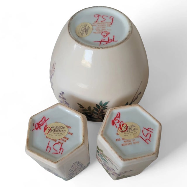 Mid Century Hand Painted Set of Three - Vase and Two Cannisters in the Style of Andrea by Sadek For Sale - Image 10 of 11