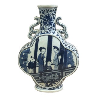 Chinese Blue White Porcelain MoonFlask Scenery Graphic Art Vase For Sale