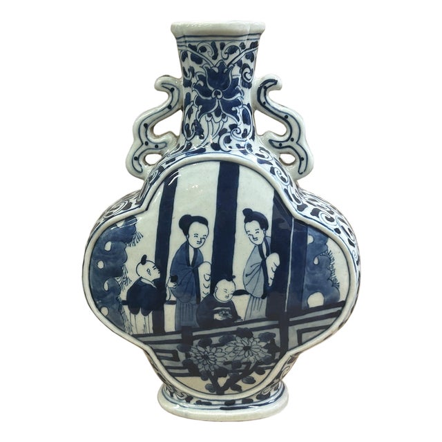 Chinese Blue White Porcelain MoonFlask Scenery Graphic Art Vase For Sale