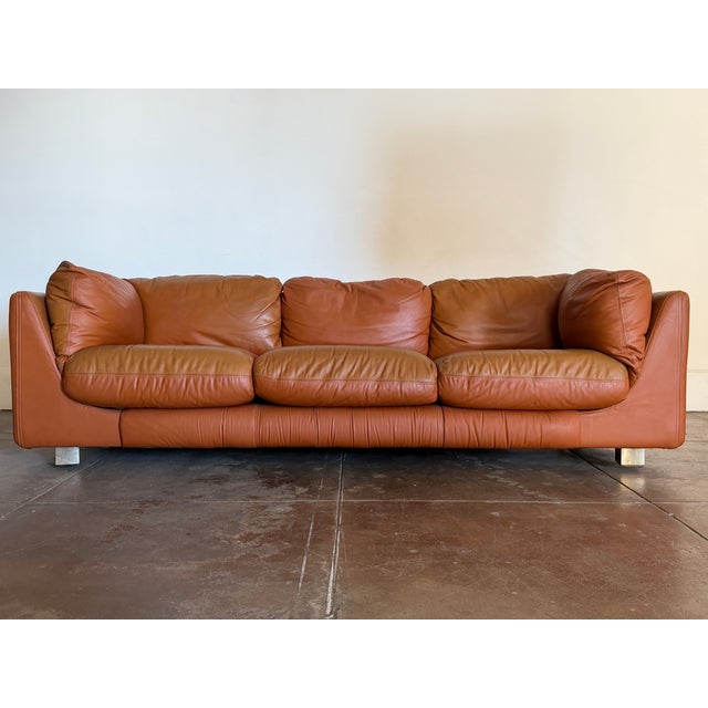 Mid-Century Modern Vintage 1970's Cognac Leather Sofa For Sale - Image 3 of 18