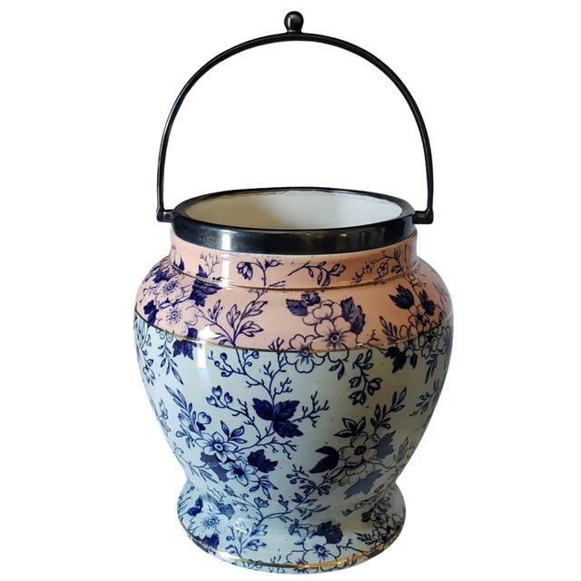 Metal Antique English Staffordshire Style Flow Blue & Blush Biscuit Barrel, C. 1890 For Sale - Image 7 of 11