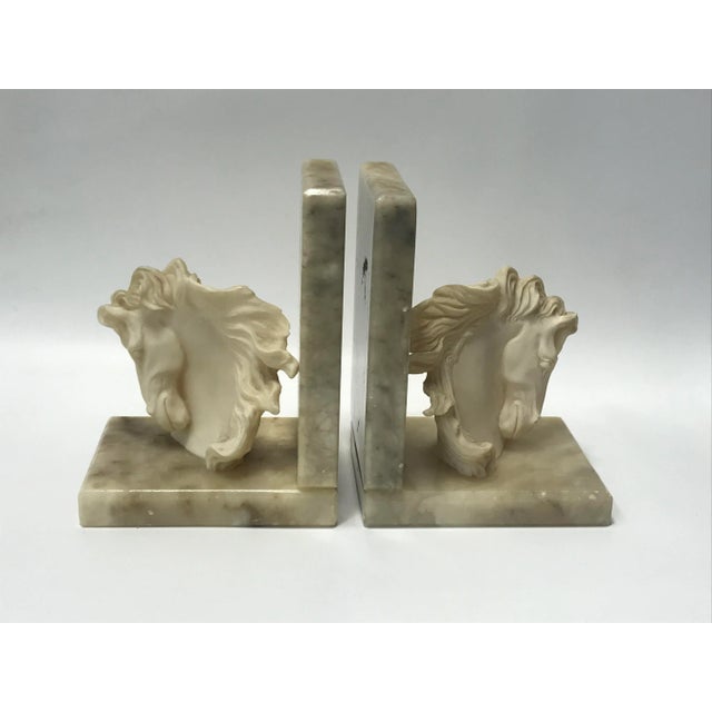 Exquisite vintage pair of white alabaster horse sculpture bookends, unique sculpted and hand carved pair of white stylized...