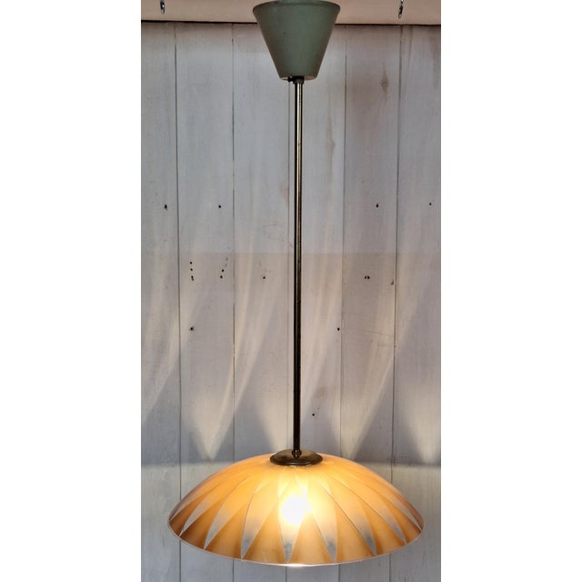Beige Vintage Pendant Lamp with Beige-Brown Patterned Glass Shade on Brass Mount, 1970s For Sale - Image 8 of 8