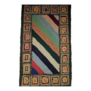 Vintage Hand-Hooked Rug, Stripe Pattern, Wool & Cotton, American Folk Art, 2x3 For Sale