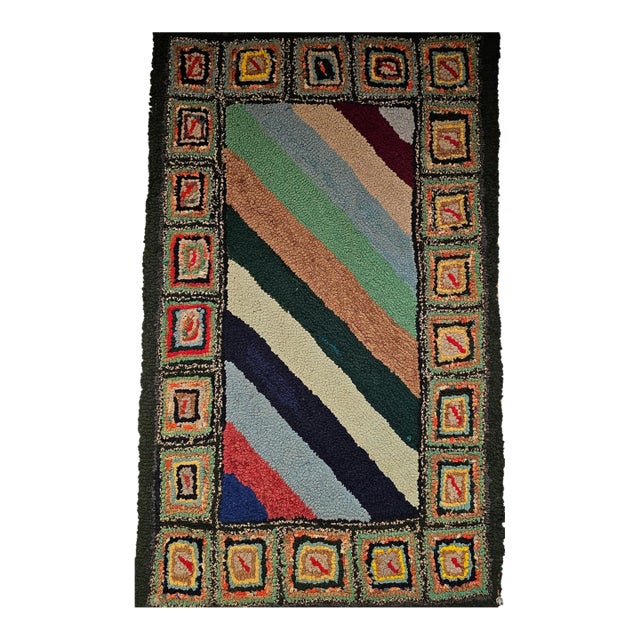 Vintage Hand-Hooked Rug, Stripe Pattern, Wool & Cotton, American Folk Art, 2x3 For Sale