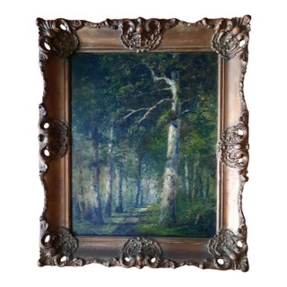 Frederick Leo Hunter 1939 Birch Woodland Oil Painting, Signed, Ornate Gilt Rococo Frame For Sale