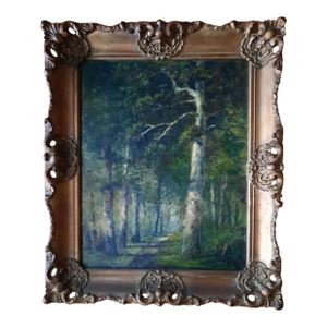 Frederick Leo Hunter 1939 Birch Woodland Oil Painting, Signed, Ornate Gilt Rococo Frame