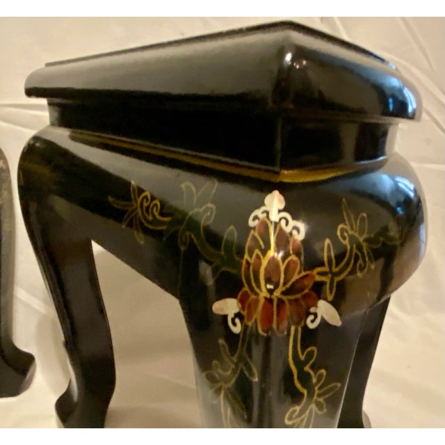 Vintage Chinoiserie-Style Black Lacquered Stools- Set of 4 For Sale - Image 9 of 12