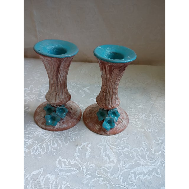 Teal Vintage Mid-Century Faux Bois Ceramic Candle Holders With Teal Glazed Rims - A Pair For Sale - Image 8 of 10
