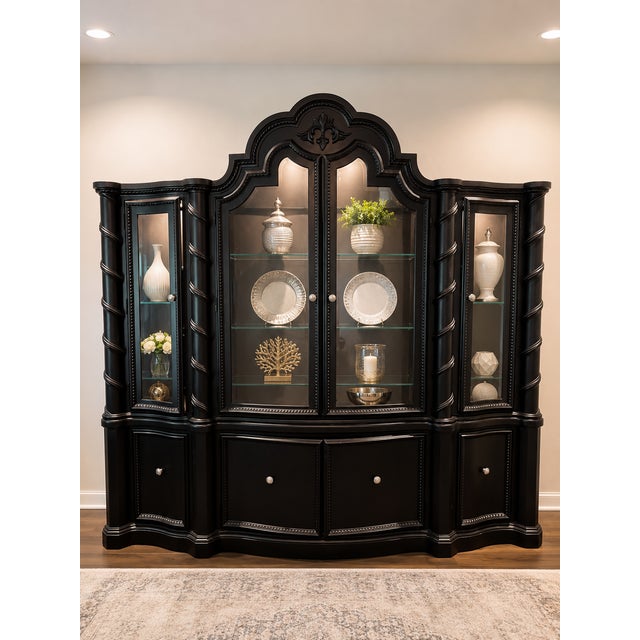 Farmhouse Late 20th Century Refinished Collezione Europa Breakfront China Cabinet in Black Satin For Sale - Image 3 of 5
