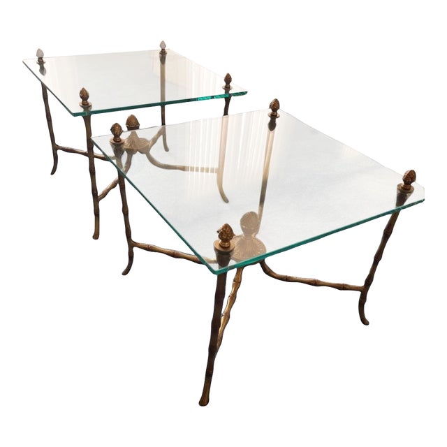 Pair Square Glass and Bronze Bagues Style Faux Bamboo End Tables Midcentury 1960 For Sale