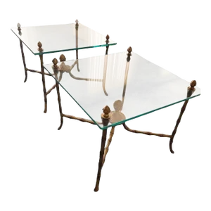 Pair Square Glass and Bronze Bagues Style Faux Bamboo End Tables Midcentury 1960