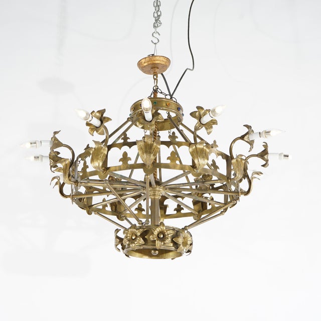 Antique French Fleur-de-Lis Design Brass & Jeweled Twelve-Light Chandelier 1930 For Sale - Image 6 of 12