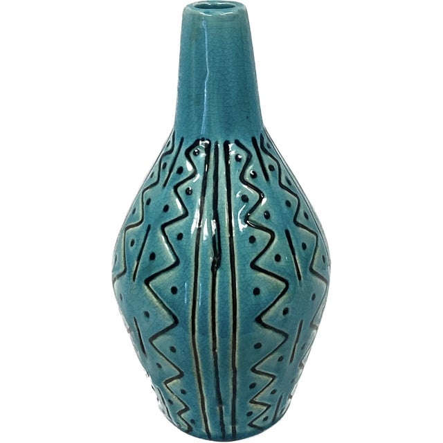 Vintage Hand Painted Ceramic Turquoise and Black Vase For Sale - Image 4 of 6